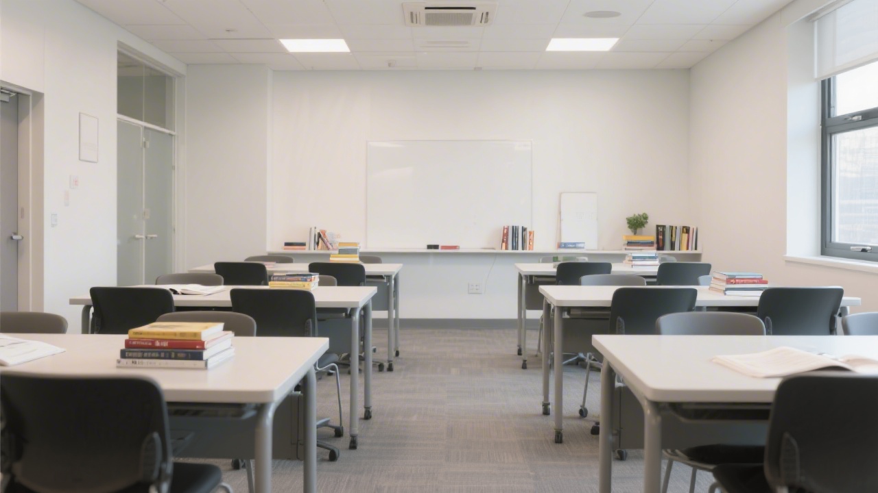 Quiet learning space with desks, books, and minimal decor in a professional education environment, representing calm and structured study for marketing students