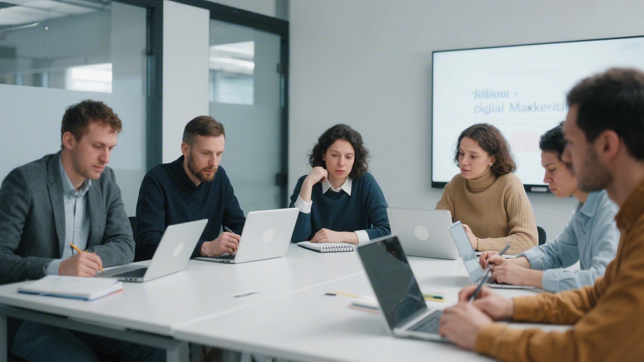 Focused group of adult learners in a modern training room with laptops and notebooks, collaborating on digital marketing exercises in a professional setting
