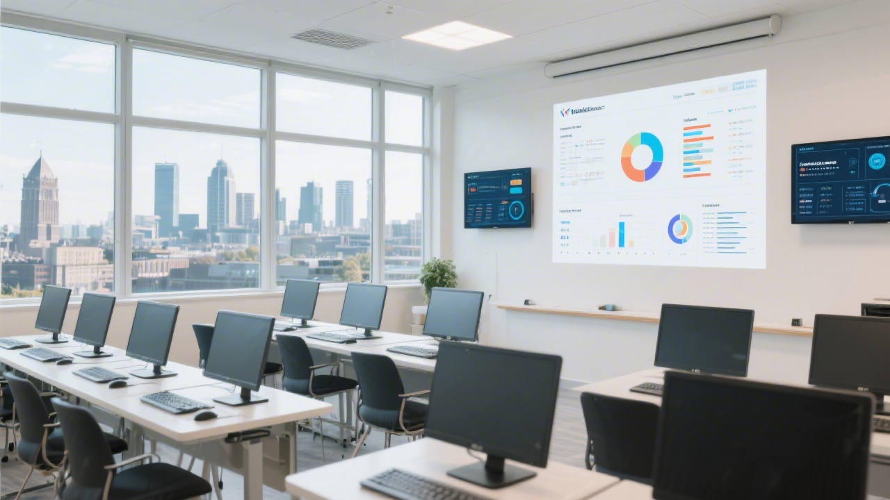 Bright modern classroom with computers and digital marketing dashboards projected, overlooking Dublin city skyline through large windows, representing professional training environment