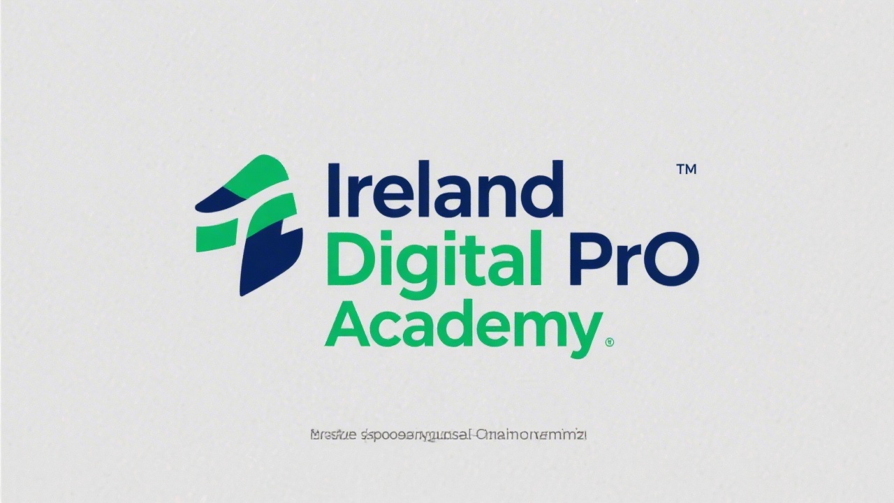 Simple professional wordmark logo reading Ireland Digital Pro Academy in navy and emerald, clean sans serif text, no complex shapes, minimal and flat design